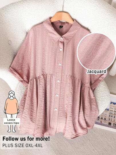 CosyJoli Plus Size Women Solid Color Single-Breasted Pleated Casual Versatile Daily Wear Shirt Pink Shirt Plus Size Babydoll Tops Woman Baggy Shirts For Women