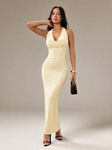 SHEIN PETITE 女士纯色网纱垂褶领优雅约会连衣裙，长款连衣裙，假日装扮，秋冬款 - 杏色 - 查看 6