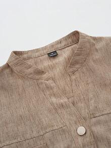 Aalyst 女士纯色高品质天丝双色亚麻法式优雅百搭连衣裙，适合工作、休闲、度假、海滩派对、下午茶等场合，立领，纽扣前襟，短袖，松紧腰，A字长款 - 卡其色 - 查看 3