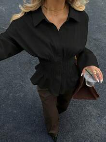 Siren Gaze 女士休闲纯色长袖衬衫，棉质修身收腰上衣，适合办公室穿着 - 黑色 - 查看 6
