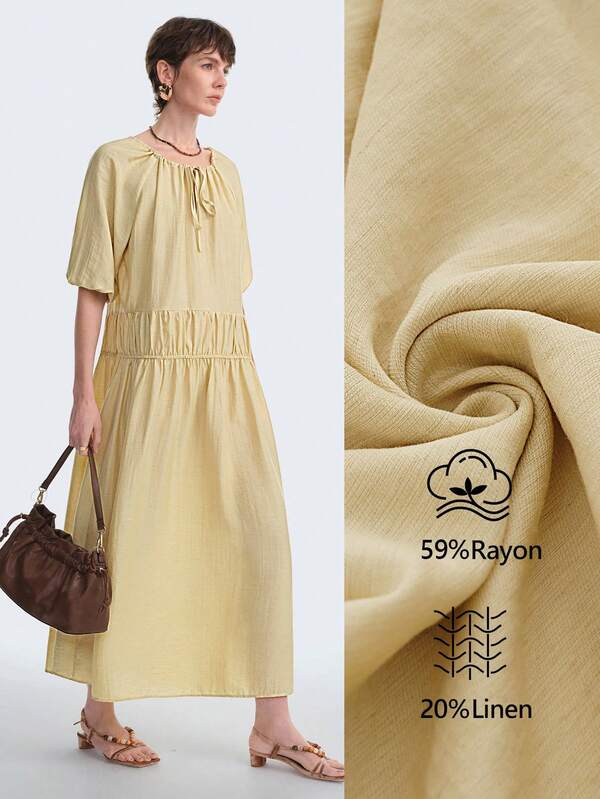 Aalyst Women's Solid Color Linen Twill French Elegant Casual Vacation Romantic High-End Vintage Loose Drawstring Dropped Shoulder Waist Ruched Long Dress, Suitable For Spring/Summer Office, Commute, Leisure, Afternoon Tea