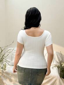 SHEIN EZwear Camiseta de manga corta con cuello cuadrado de color sólido talla grande - Blanco - Ver 2