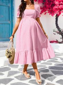 SHEIN Maternity Casual Plaid Ruffle Hem Dress - Pink - View 3