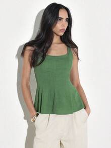 KSTM Women's Green Sleeveless Peplum Tank Top With Scoop Neckline And Smocked Back Detail For Casual Summer Wear - Green - View 1