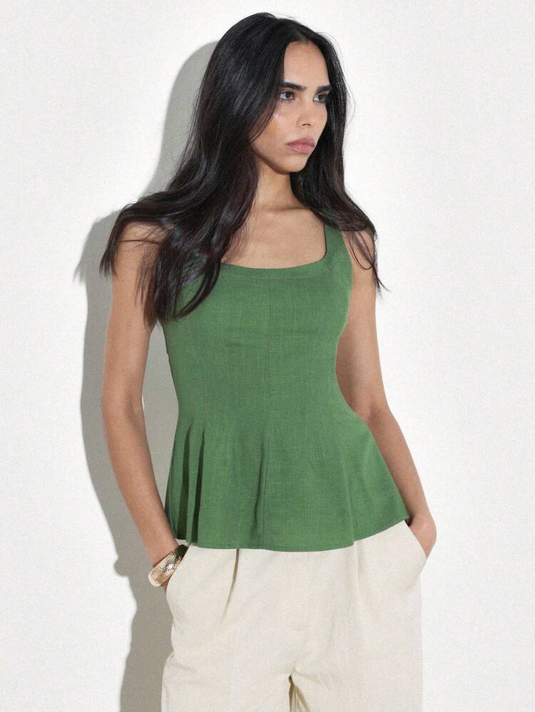 KSTM Canotta verde da donna senza maniche con balza, scollo a V e dettaglio arricciato sulla schiena, adatta per l'uso casual estivo