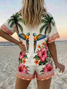Vaclyn 女士休闲度假棕榈树印花短袖衬衫和短裤套装 - 彩色 - 查看 2