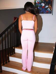 Steph T Women 2pcs/Set Lace Camisole & Flare Pants, Casual Outfit For Girls Pink Flare Pants Set Lace Trim Two Piece Set - Pink - View 2