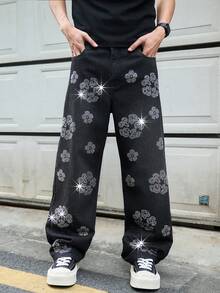 Manfinity EMRG Quần jean denim đen dáng rộng, ống thẳng, in họa tiết đính đá kiểu Mỹ cổ điển. - màu đen - Xem 7