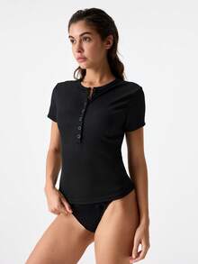 Loungeista 女士时尚罗纹黑色圆领半开襟修身休闲套头衫，适合春夏穿着 - 黑色 - 查看 6