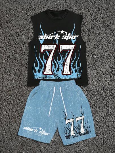 GENIUS ODE Plus Size Men's Vest Set, Street Style 77 Graphic Print Top And Shorts Set, Loose 2-Piece Summer Outfit