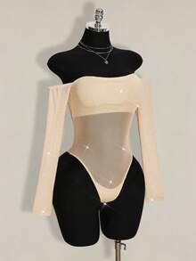 SHEIN ICON Áo liền thân tay dài trễ vai màu trơn đính đá cho nữ - Màu be - Xem 5