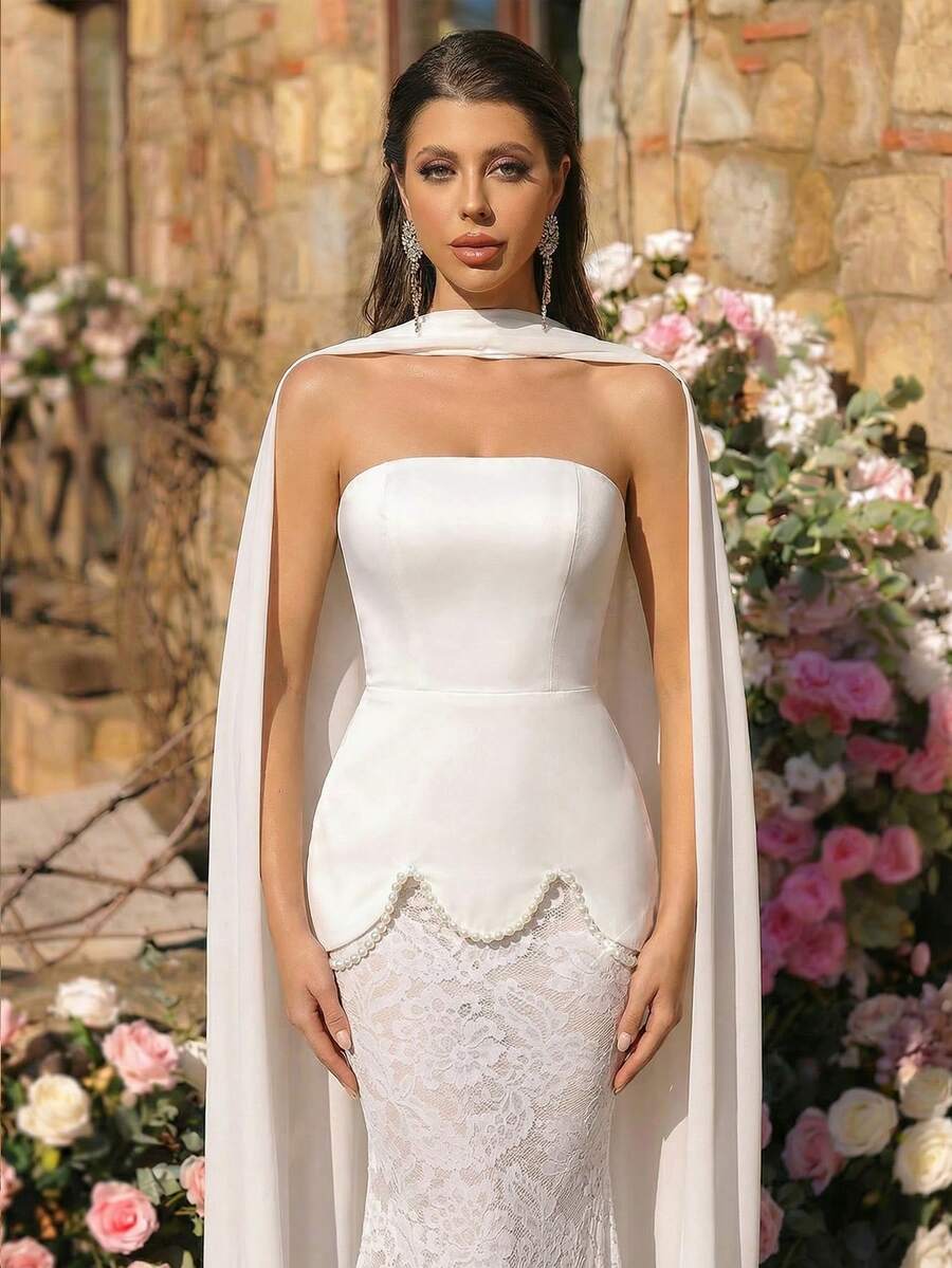Glamrae Sang trọng, đơn giản, gợi cảm và thời trang, chiếc đầm đuôi cá 2 trong 1 màu trắng không dây vai này có viền satin sang trọng với điểm nhấn ngọc trai thủ công và phần đuôi dài. Đầm đi kèm với dải ruy băng mềm mại, phù hợp cho đám cưới, tiệc chiêu đãi, dạ hội, tiệc trà chiều và những buổi tối trang trọng. - trắng - Xem 1