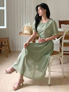 DAZY Women's Floral Print Waist Cinched A-Line Mid-Length Dress, Green Sundress - Green - View 5