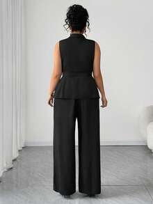 Elenzga Fashionable Casual French Style Elegant Asymmetric Waist V-Neck Sleeveless 2 Pieces Set - Black - View 2