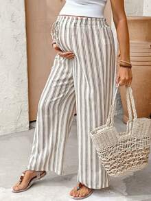 SHEIN 孕妇休闲条纹高腰裤 - 卡其色 - 查看 4