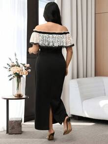 Feyla Plus Size Elegant Contrast Color Lace Patchwork Off-Shoulder Dress, Summer - Multicolor - View 4