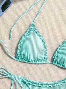 Swim Mod Women's Striped Nautical Style Patchwork Ruffle Trim Tie-Up Bikini Set - Mint Green - View 7