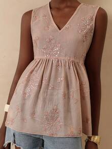 Vesra Women's New Fashion Sequin Embroidered Sleeveless Blouse - Pink - View 6