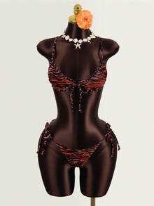 Zestiva 2026新款豹纹三件套泳衣，性感比基尼套装，沙滩泳装，女士泳衣，两件套泳衣，动物纹比基尼 - 紅色 - 查看 5