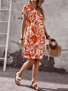 EMERY ROSE 女士度假印花短袖单排扣休闲中长连衣裙 女士夏季连衣裙 女士夏季套装 度假装 女士度假连衣裙 女士休闲连衣裙 女士春季连衣裙 - 紅色 - 查看 4