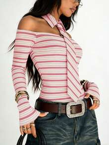 INAWLY 女士条纹露肩系带长袖T恤，流行女装，漂亮女装，休闲优雅女式衬衫，平价女式衬衫，佐伊穿搭，商务休闲女式上衣，新款优雅休闲女式衬衫 - 粉色 - 查看 4