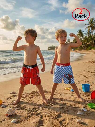 2条装男童蜘蛛侠印花梭织面料无弹力沙滩短裤，适合海滩、泳池、海边、冲浪、度假、夏季旅行