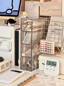 1 pièce Boîte de rangement de bureau en acrylique à 4 compartiments, grande capacité, double usage, porte-stylo, étui à lentilles de contact créatif, organisateur de tiroir pour étudiants et bureau, rangement pour cannes, marqueurs et articles de papeterie. - Transparent - Voir 5