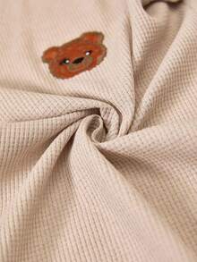 Women Waffle Knit Cute Bear Embroidery Detail Homewear Robe With Belted Comfort Lounge Robe - Beige - View 6