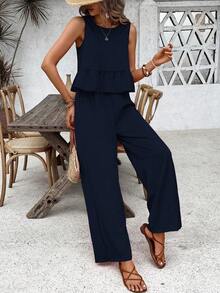 Breezaya Bộ đồ nữ trơn màu gồm áo cổ tròn xếp ly và quần ống rộng, kiểu dáng thường ngày. - Xanh đậm - Xem 5