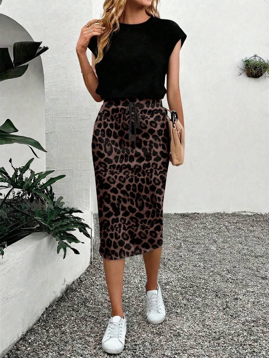 EMERY ROSE 2件套女士猎豹纹拼接迷你裙，夏季豹纹休闲款 - 彩色 - 查看 1