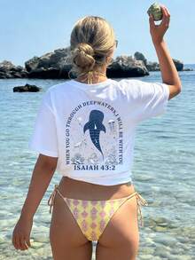 Sundraya Camiseta de cuello redondo holgada para mujer, con estampado de criaturas marinas, adecuada para vacaciones de verano en la playa - Blanco - Ver 3