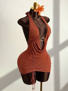 Zestiva Women's Vacation Beach Beaded Backless Halter Drawstring Mini Dress - Brown - View 4