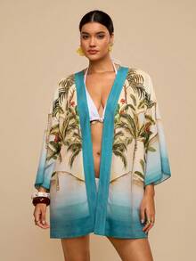 Travachic Áo khoác ngoài dài tay bằng chiffon in họa tiết cây nhiệt đới màu xanh lá cây dành cho nữ cỡ lớn, kiểu dáng rộng rãi, dài đến giữa bắp chân, thích hợp cho những buổi đi biển lãng mạn đầu mùa xuân. - Nhiều màu - Xem 6