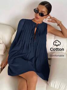 Siren Gaze 女士纯色前系带褶皱无袖休闲迷你连衣裙 - 藏蓝色 - 查看 7