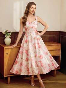 Vintamour Vintage Classic Elegant Women's Dress, Spring/Summer Fitted Floral Print Dress, Suspender Dress, Pink Umbrella Hem Dress,Pink Dress - Pink - View 3