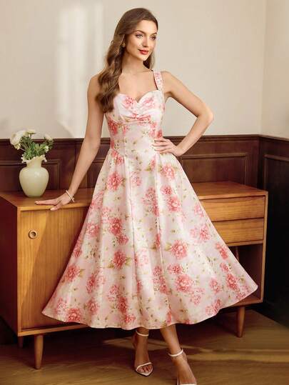 Vintamour Vintage Classic Elegant Women's Dress, Spring/Summer Fitted Floral Print Dress, Suspender Dress, Pink Umbrella Hem Dress