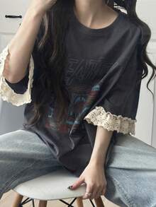 FRIFUL Áo kiểu nữ dáng rộng thoải mái, phối màu, chất liệu ren xuyên thấu, tay ngắn, in chữ, đa năng cho mùa xuân/hè. - Xám - Xem 8