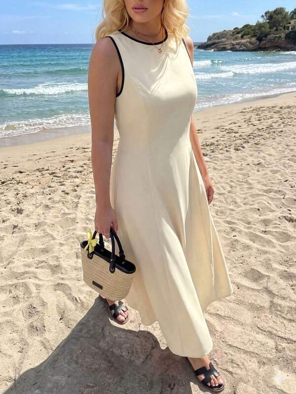 Dripcurv Plus-Size Women's Summer Apricot Casual Long Dress, Elegant Style, Simple A-Line Sleeveless Design, Beach Style, Vintage Look. White Dresses For Women Beach