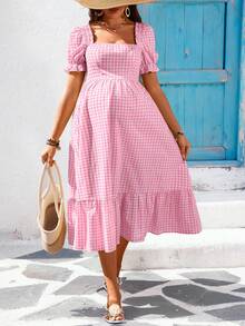 SHEIN Maternity Casual Plaid Ruffle Hem Dress - Pink - View 7