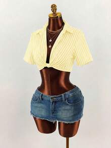 BamGleam 女士条纹扭结休闲百搭日常衬衫 - 黃色 - 查看 7