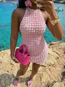 Slaydiva New Early Spring, Spring And Summer Music Festival, Valentine's Day, Easter, Bohemian Style, Nomadic Style, Casual, Simple And Basic, Cruise Party, Birthday Party, Daily Date, Casual Vacation, Elegant Commuting, Small Round Neck, Large Backless, Lace-Up Design, Slanted Hem, Pink Dress, Bubble Check Fabric, Ladies' Mini Dress -A - Baby Pink - View 10