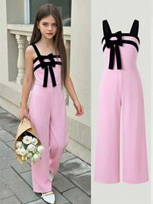 SHEIN Tween GirlsSweet & Cool Contrast Color 3D Bow Decor Sleeveless Wide Leg Jumpsuit, Casual Wear & Party, Spring/Summer Girls Summer Jumpsuit Bow Detail Jumpsuit Pink Jumpsuit Girls Kids Fashion Jumpsuit Jumpsuits For Girls Pink Jumpsuit For Girls - Pink - View 1