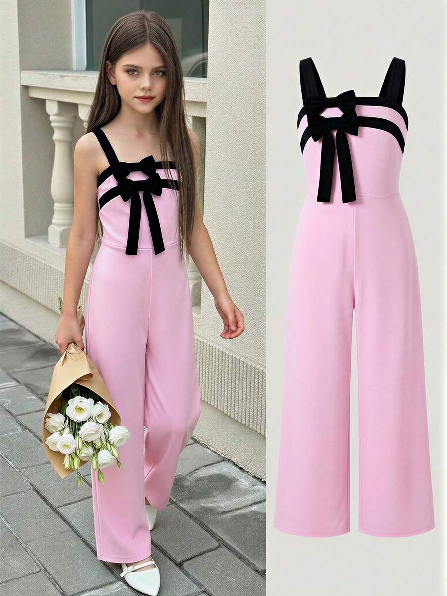 SHEIN Tween GirlsSweet & Cool Contrast Color 3D Bow Decor Sleeveless Wide Leg Jumpsuit, Casual Wear & Party, Spring/Summer Girls Summer Jumpsuit Bow Detail Jumpsuit Pink Jumpsuit Girls Kids Fashion Jumpsuit Jumpsuits For Girls Pink Jumpsuit For Girls - Pink - View 1