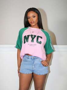 Steph T 女式休闲字母印花圆领插肩袖T恤 - 彩色 - 查看 3