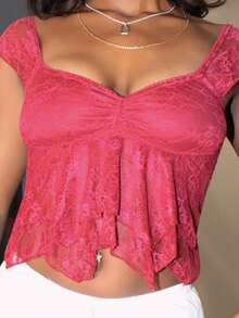 Steph T 女士褶皱前片修身性感蕾丝拼接短袖露背休闲度假露脐吊带背心酒红色蕾丝上衣 - 酒紅色 - 查看 5