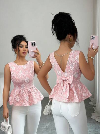 Elenzga Women's Elegant Jacquard Bowknot Beaded Chain Decor Sleeveless Blouse, Summer