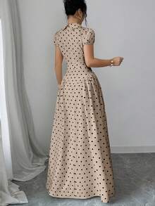 Elenzga Vestido de lunares blanco y negro de estilo vintage, elegante y de negocios para uso diario, con cuello vuelto, botones delanteros, mangas farol y falda acampanada, para mujer. Primavera/Verano - Albaricoque - Ver 2