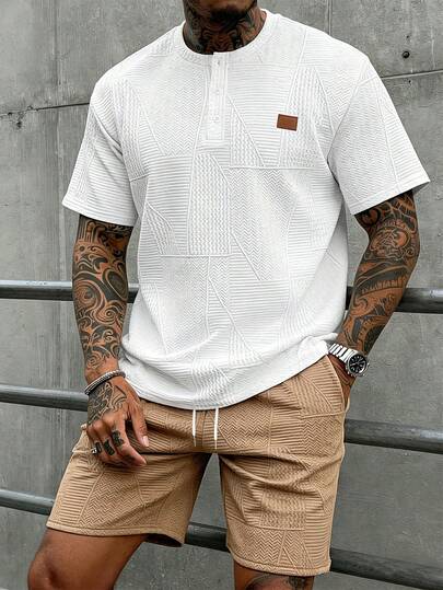 Manfinity Homme Herren V-Ausschnitt Rippstoff T-Shirt + Kordelzug Shorts Set, Herren Zweiteiliges Lässig Kurzarm Set, Sommer Herren Sport Set, Beige Bekleidung, Herren Sommermode