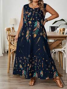 SHEIN CURVE+ Plus Size Women's Sleeveless Floral Print Dress, Summer,Holiday Outfits For Womenfall Clothes For Women,Winter,CURVE PLUS, Summer Dresses - Navy Blue - View 5