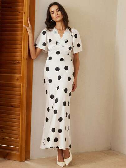 Aveloria Rosie Beige Polka Dot Maxi Dress, Black Oversized Dot Print, Lace V-Neck Design, Puff Short Sleeves, Lightweight Chiffon Fabric, Retro Elegant Style, Fitted Long Cut, Accentuates Feminine Curves And Charm, Suitable For Afternoon Tea, Fashion Gatherings, Vacation & Art Exhibitions, Combines Sweetness And Vintage Charm, Exquisite Details, Comfortable. Polka Dots Dress For Women Poka Dot Dresses For Women Women Casual Dresses Latest Dress Womens Dress Formal Wear